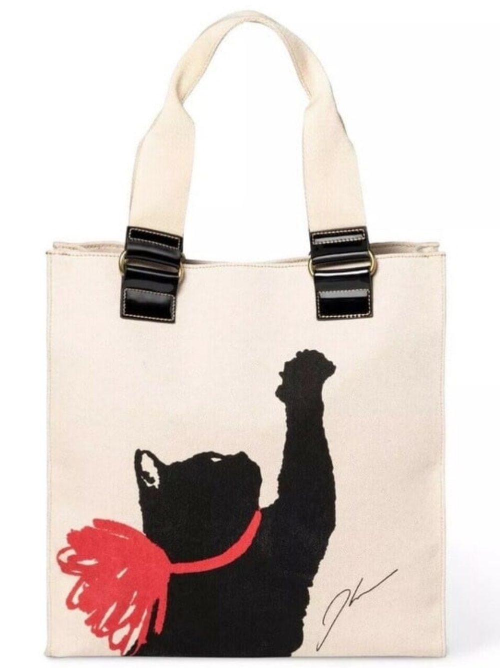Jason Wu cream canvas tote with black cat wearing a red scarf collar